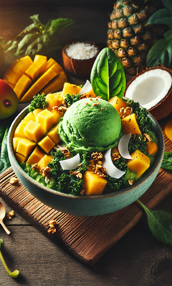 GREEN - Kale + Banana + Pineapple + Coconut Cream Sorbet Bowl Recipe